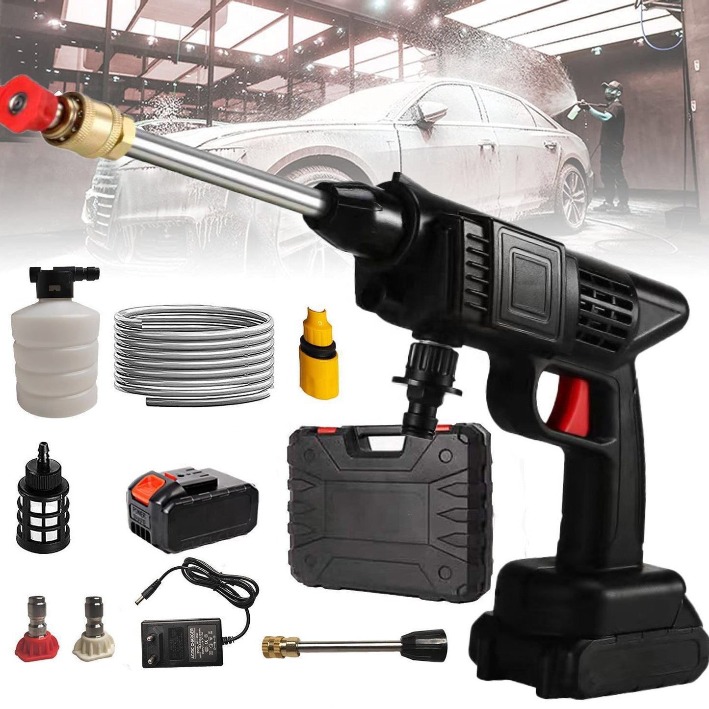 Automatic Cordless Car Wash Spray Gun | 48V High Pressure Lithium Battery | Wireless Foam Jet Washer